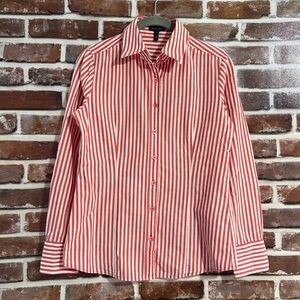 Escada Red & White Striped Button Down, 70% Cotton/ 30% Linen, Size 4